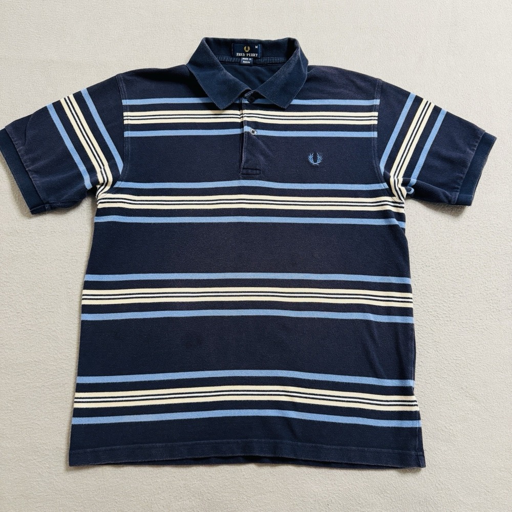 Fred Perry Polo Shirt Mens Medium Blue Striped Cotton Short Sleeve Classic